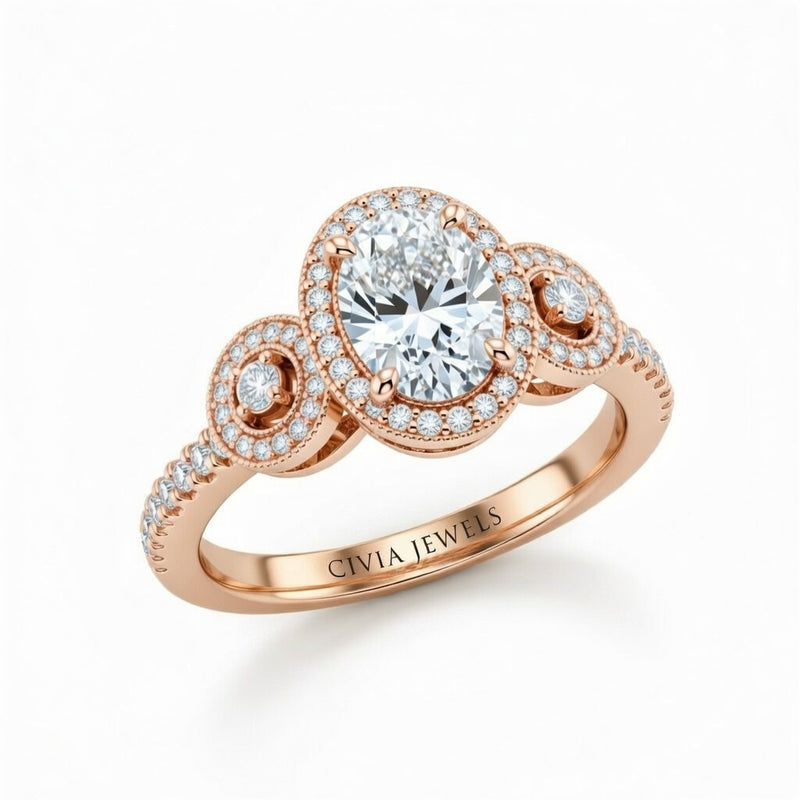 Rose Gold Oval Brilliant Three Stone Halo Engagement Ring With Vintage Milgrain Detail