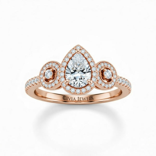Rose Gold Pear Brilliant Three Stone Halo Engagement Ring With Vintage Milgrain Detail