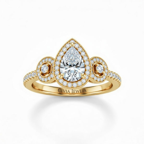 Yellow Gold Pear Brilliant Three Stone Halo Engagement Ring With Vintage Milgrain Detail