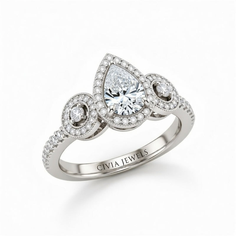 Silver Pear Brilliant Three Stone Halo Engagement Ring With Vintage Milgrain Detail