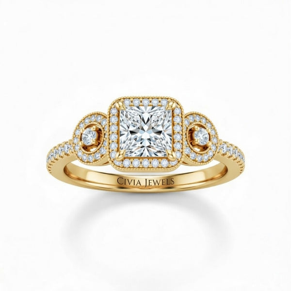 Yellow Gold Princess Brilliant Three Stone Halo Engagement Ring With Vintage Milgrain Detail