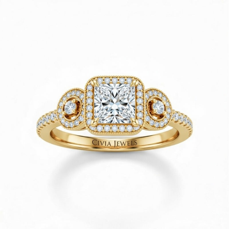 Yellow Gold Princess Brilliant Three Stone Halo Engagement Ring With Vintage Milgrain Detail