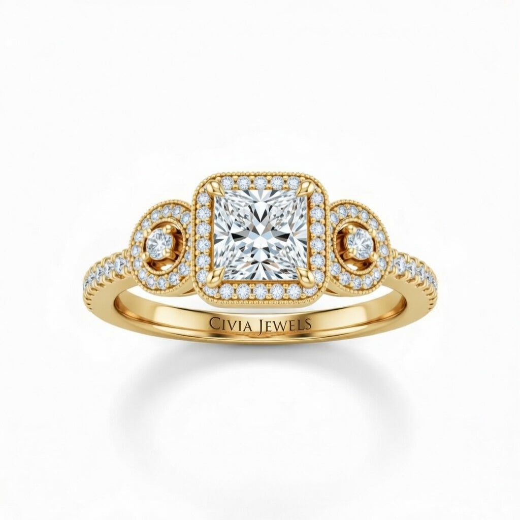 Yellow Gold Princess Brilliant Three Stone Halo Engagement Ring With Vintage Milgrain Detail