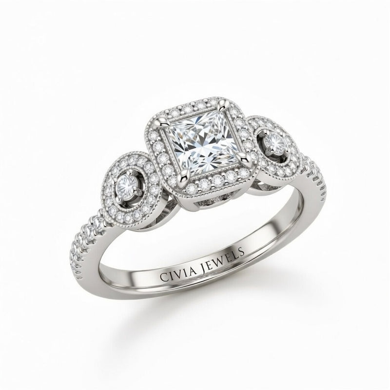 Silver Princess Brilliant Three Stone Halo Engagement Ring With Vintage Milgrain Detail