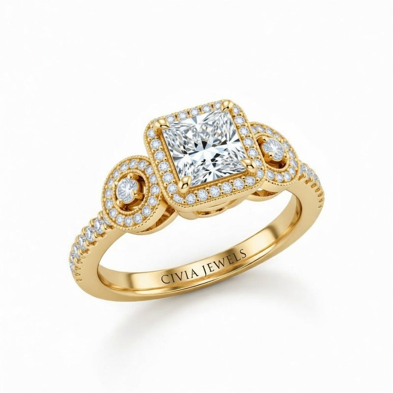Yellow Gold Princess Brilliant Three Stone Halo Engagement Ring With Vintage Milgrain Detail