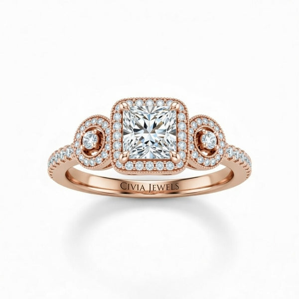 Rose Gold Princess Brilliant Three Stone Halo Engagement Ring With Vintage Milgrain Detail