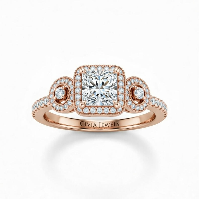 Rose Gold Princess Brilliant Three Stone Halo Engagement Ring With Vintage Milgrain Detail