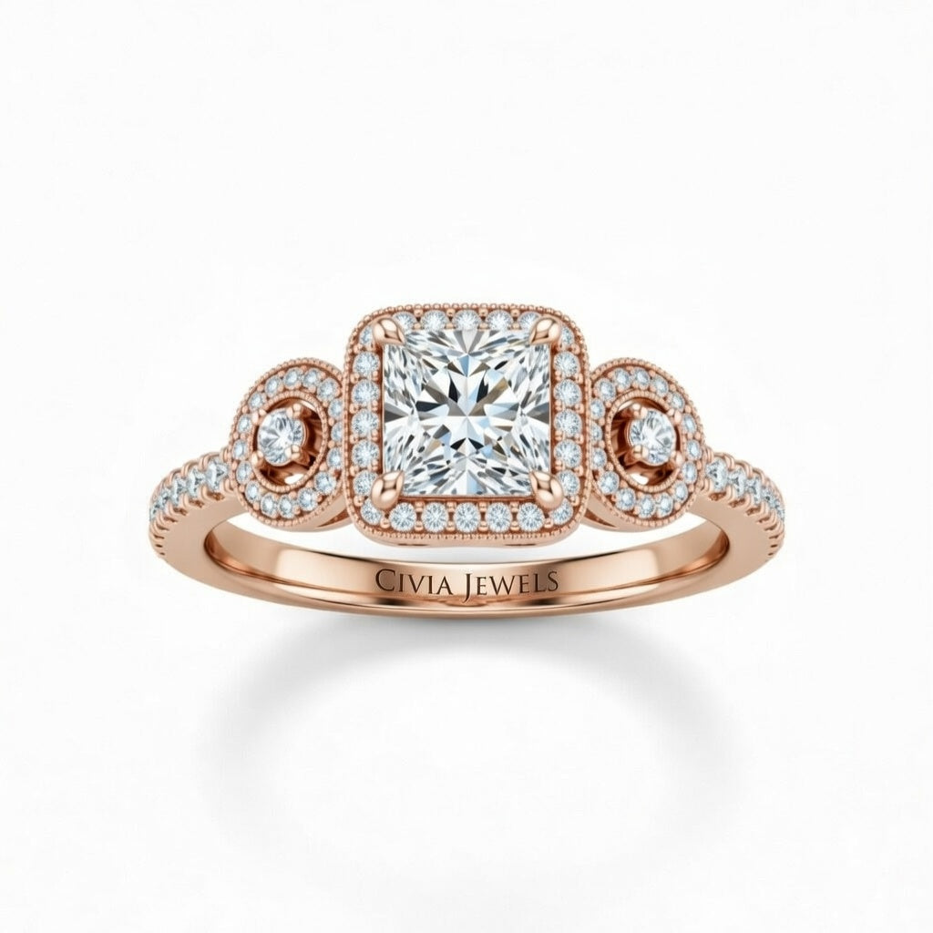 Rose Gold Princess Brilliant Three Stone Halo Engagement Ring With Vintage Milgrain Detail