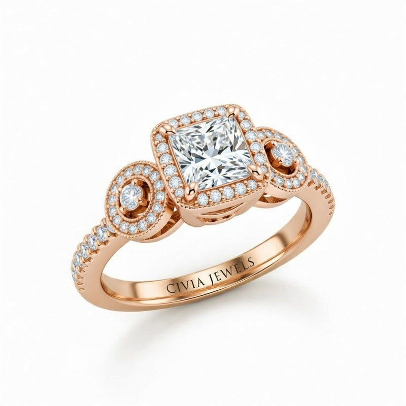 Rose Gold Princess Brilliant Three Stone Halo Engagement Ring With Vintage Milgrain Detail