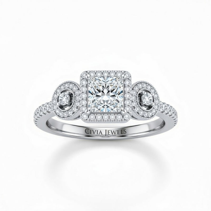 Silver Princess Brilliant Three Stone Halo Engagement Ring With Vintage Milgrain Detail