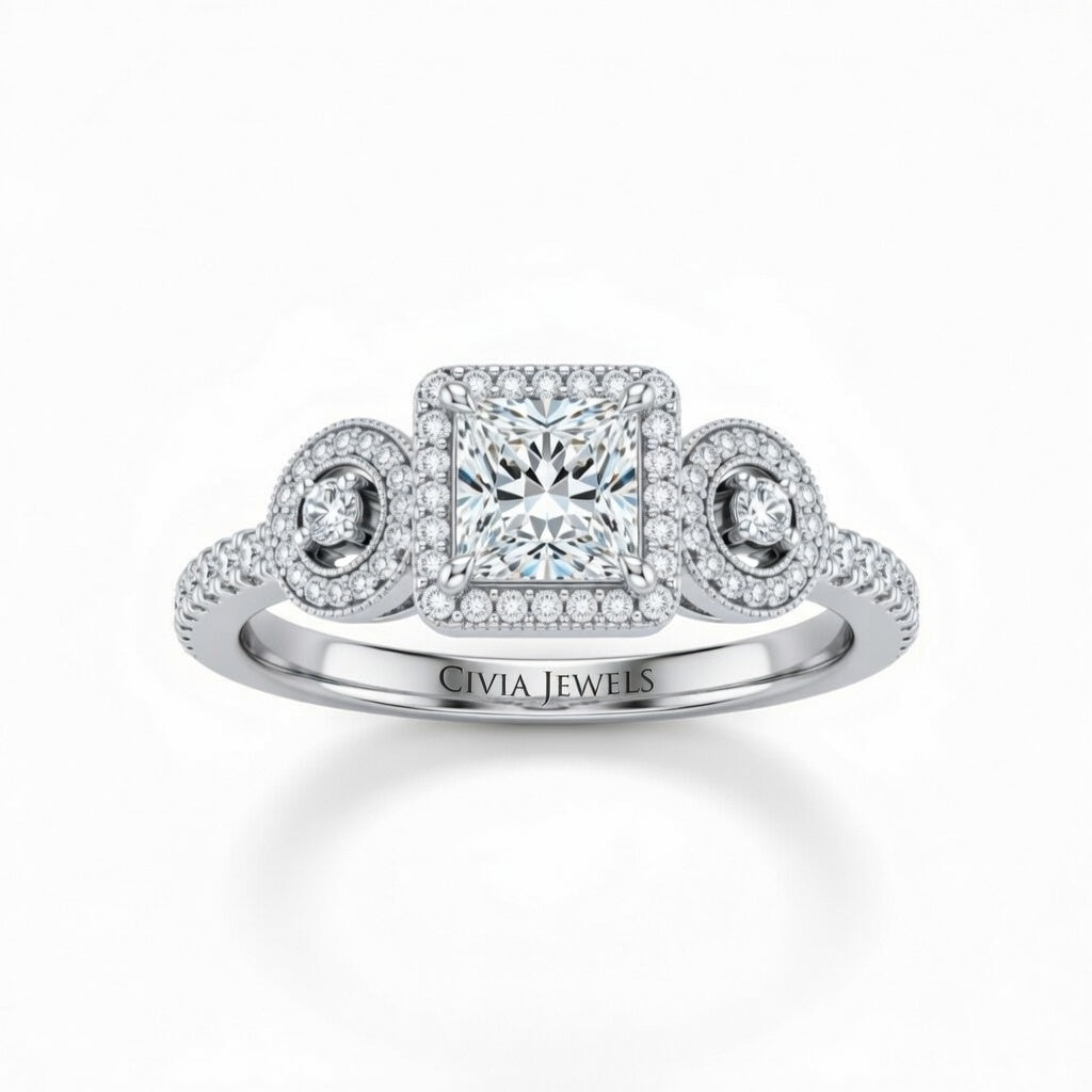 Silver Princess Brilliant Three Stone Halo Engagement Ring With Vintage Milgrain Detail