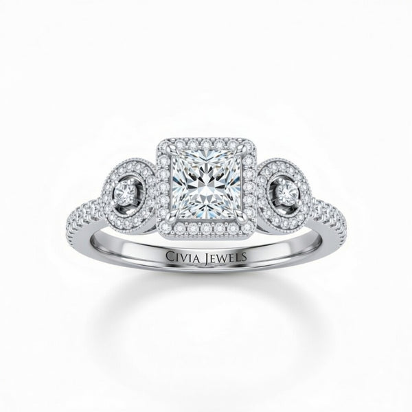 Silver Princess Brilliant Three Stone Halo Engagement Ring With Vintage Milgrain Detail