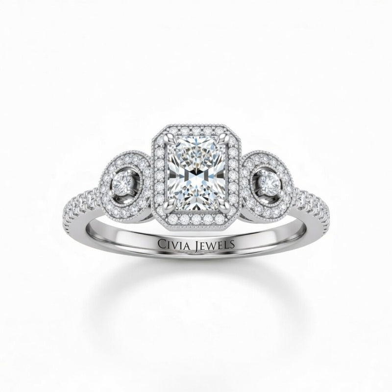 White Gold Radiant Brilliant Three Stone Halo Engagement Ring With Vintage Milgrain Detail
