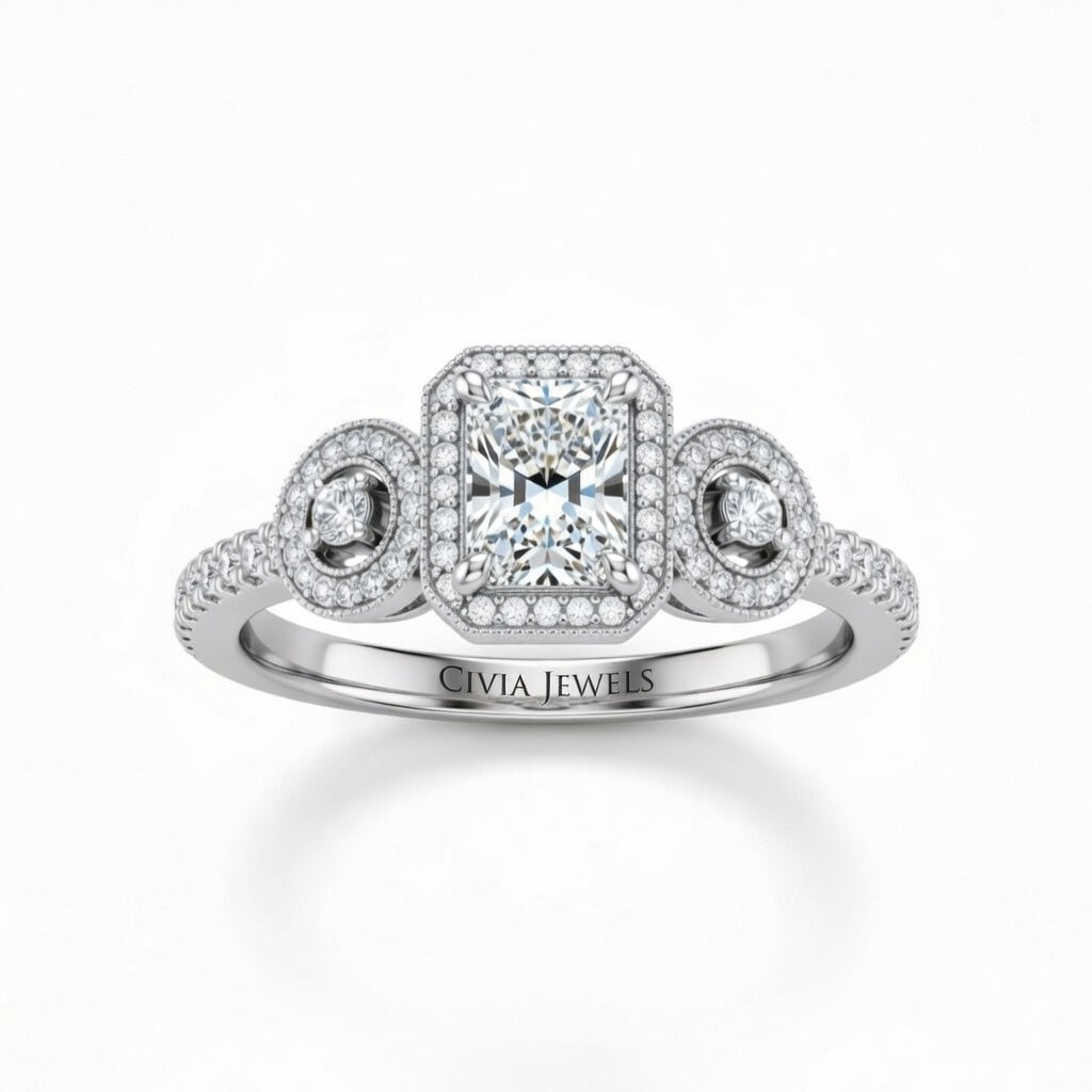 White Gold Radiant Brilliant Three Stone Halo Engagement Ring With Vintage Milgrain Detail