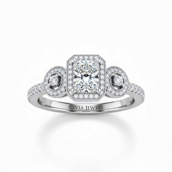 Silver Radiant Brilliant Three Stone Halo Engagement Ring With Vintage Milgrain Detail