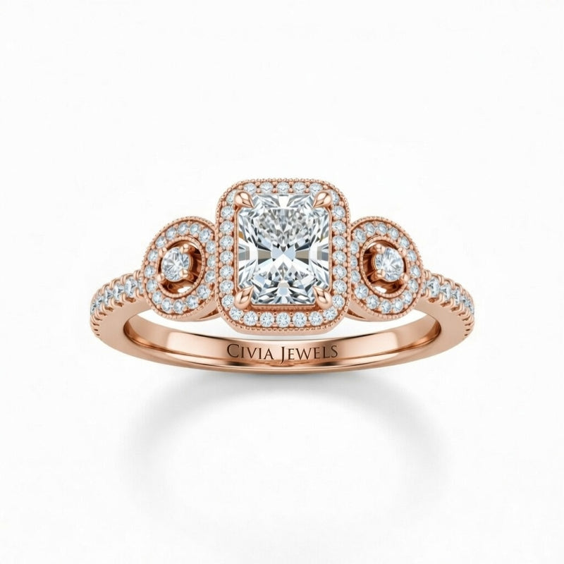 Rose Gold Radiant Brilliant Three Stone Halo Engagement Ring With Vintage Milgrain Detail