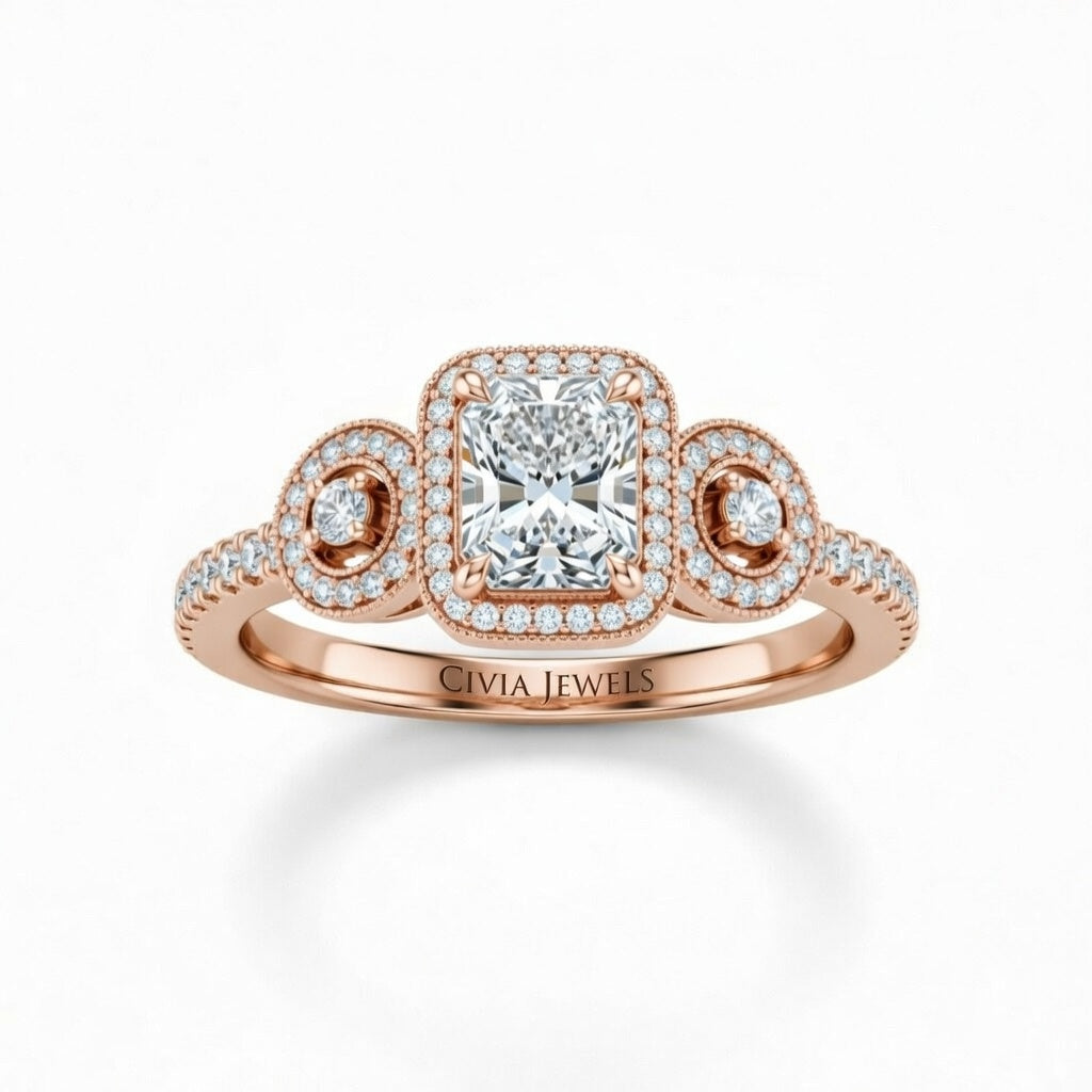 Rose Gold Radiant Brilliant Three Stone Halo Engagement Ring With Vintage Milgrain Detail