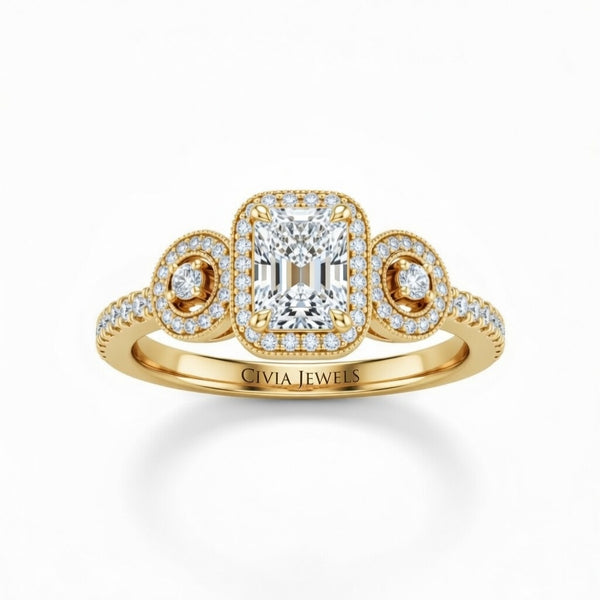 Yellow Gold Radiant Brilliant Three Stone Halo Engagement Ring With Vintage Milgrain Detail