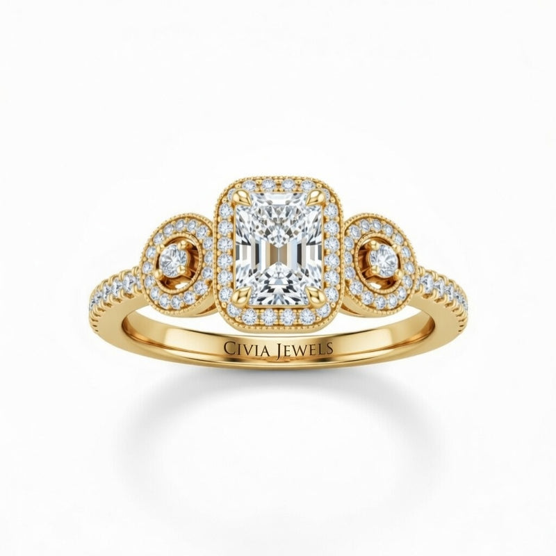 Yellow Gold Radiant Brilliant Three Stone Halo Engagement Ring With Vintage Milgrain Detail