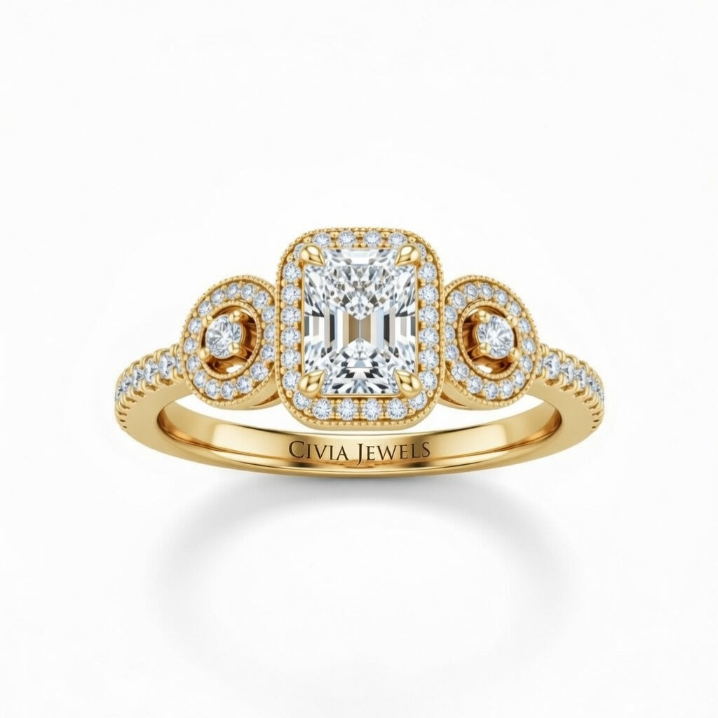 Yellow Gold Radiant Brilliant Three Stone Halo Engagement Ring With Vintage Milgrain Detail