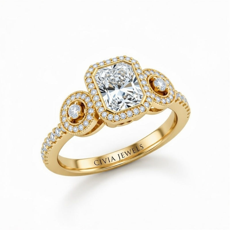Yellow Gold Radiant Brilliant Three Stone Halo Engagement Ring With Vintage Milgrain Detail