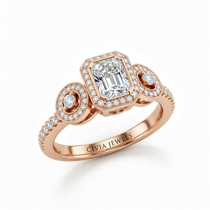 Rose Gold Radiant Brilliant Three Stone Halo Engagement Ring With Vintage Milgrain Detail