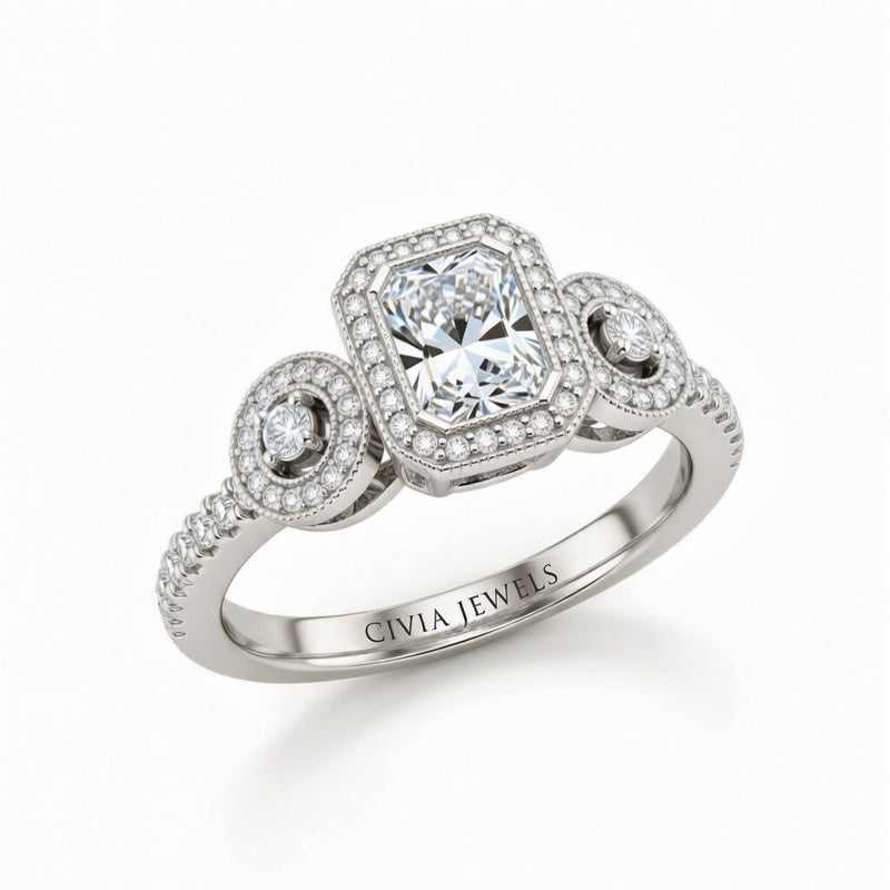 White Gold Radiant Brilliant Three Stone Halo Engagement Ring With Vintage Milgrain Detail