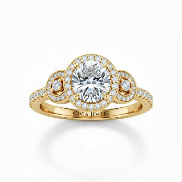 Yellow Gold Round Brilliant Three Stone Halo Engagement Ring With Vintage Milgrain Detail