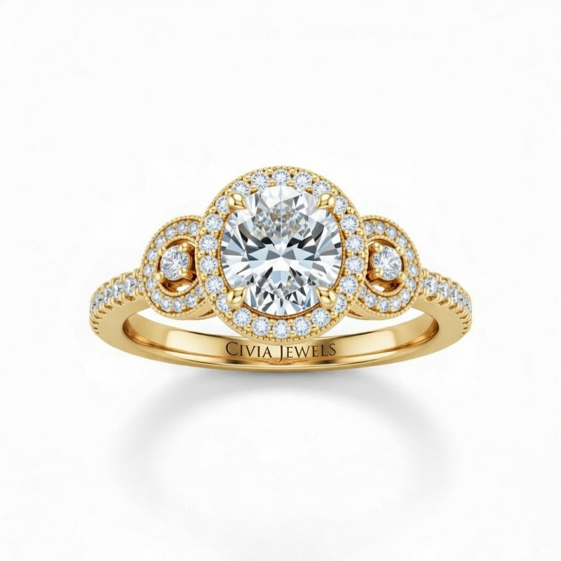 Yellow Gold Round Brilliant Three Stone Halo Engagement Ring With Vintage Milgrain Detail