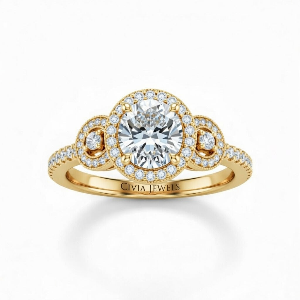 Yellow Gold Round Brilliant Three Stone Halo Engagement Ring With Vintage Milgrain Detail
