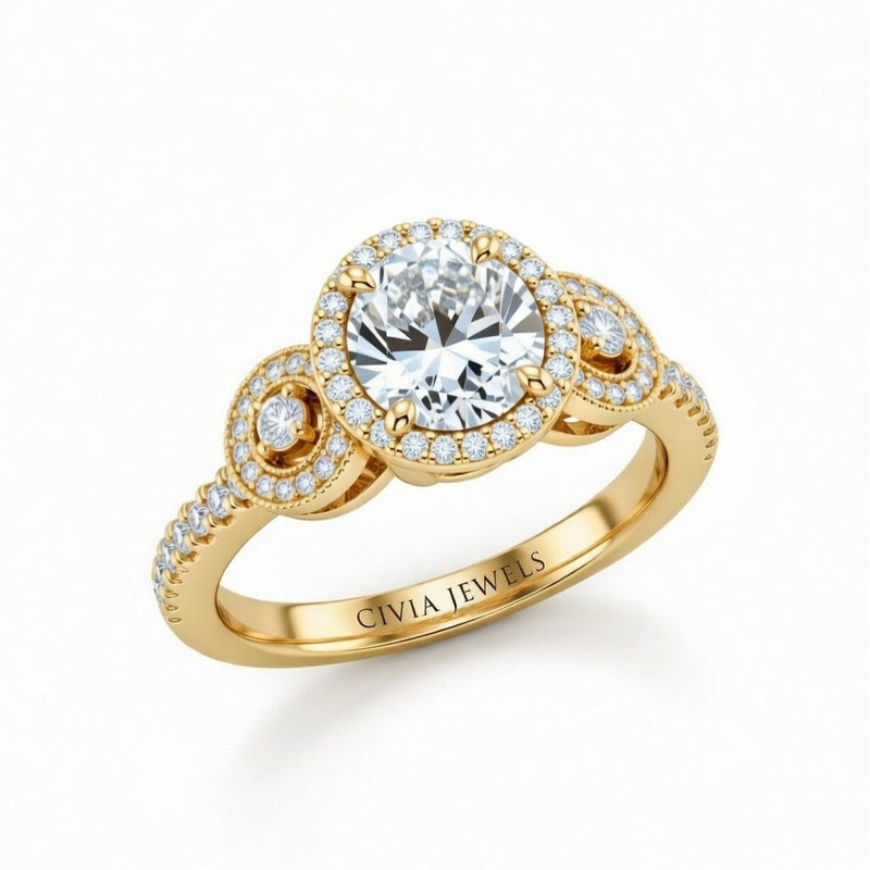 Yellow Gold Round Brilliant Three Stone Halo Engagement Ring With Vintage Milgrain Detail