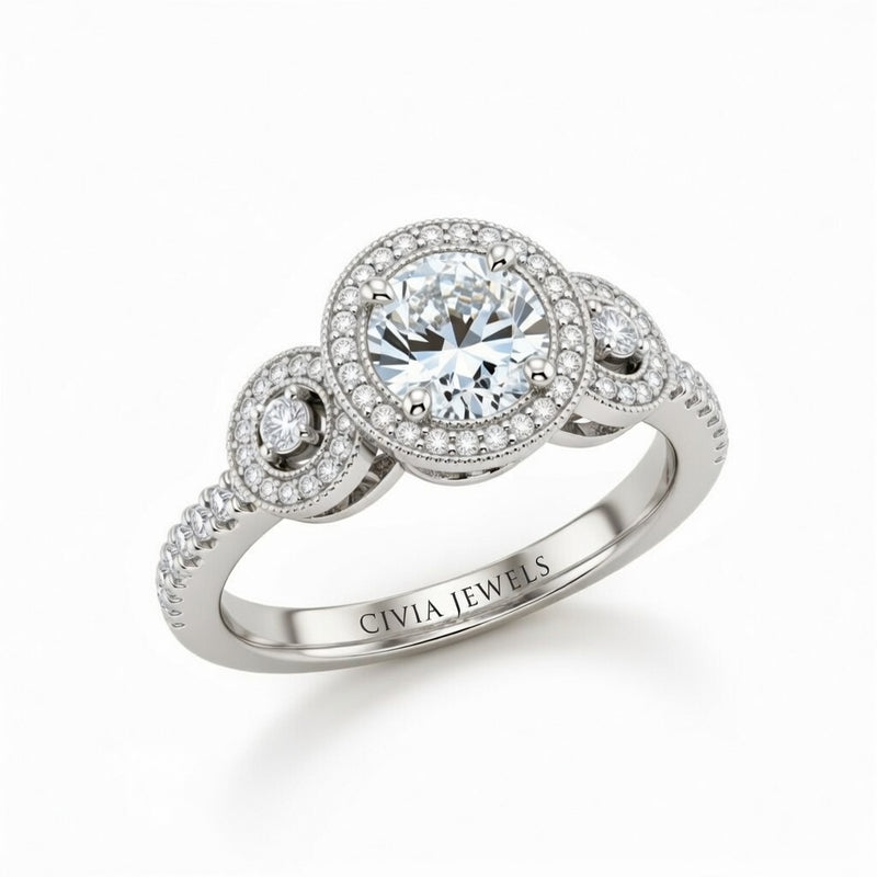 Silver Round Brilliant Three Stone Halo Engagement Ring With Vintage Milgrain Detail