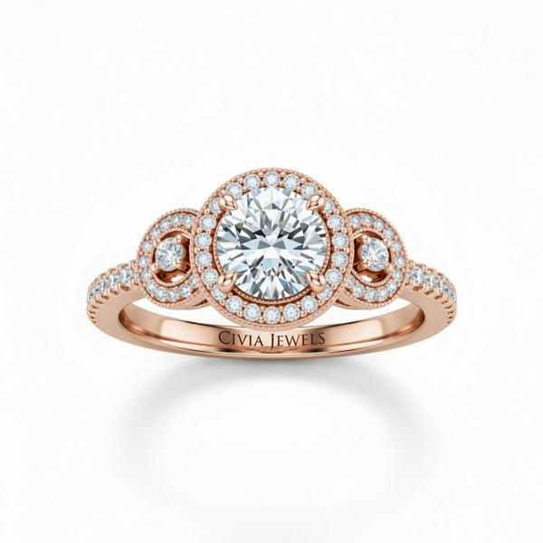 Rose Gold Round Brilliant Three Stone Halo Engagement Ring With Vintage Milgrain Detail