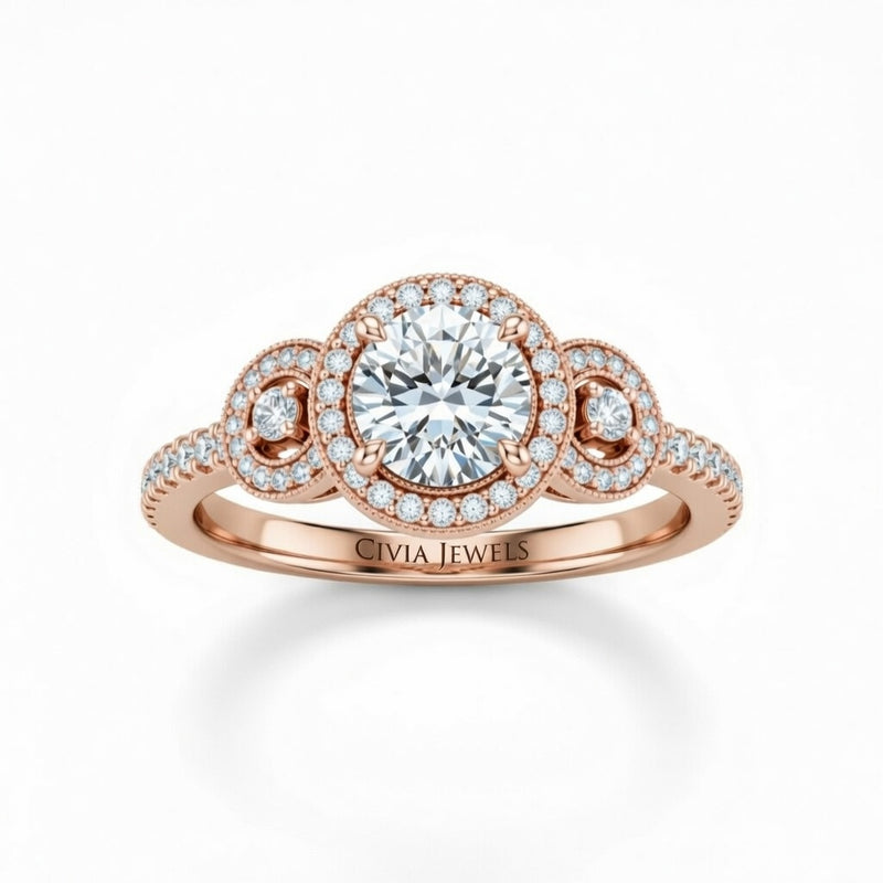 Rose Gold Round Brilliant Three Stone Halo Engagement Ring With Vintage Milgrain Detail