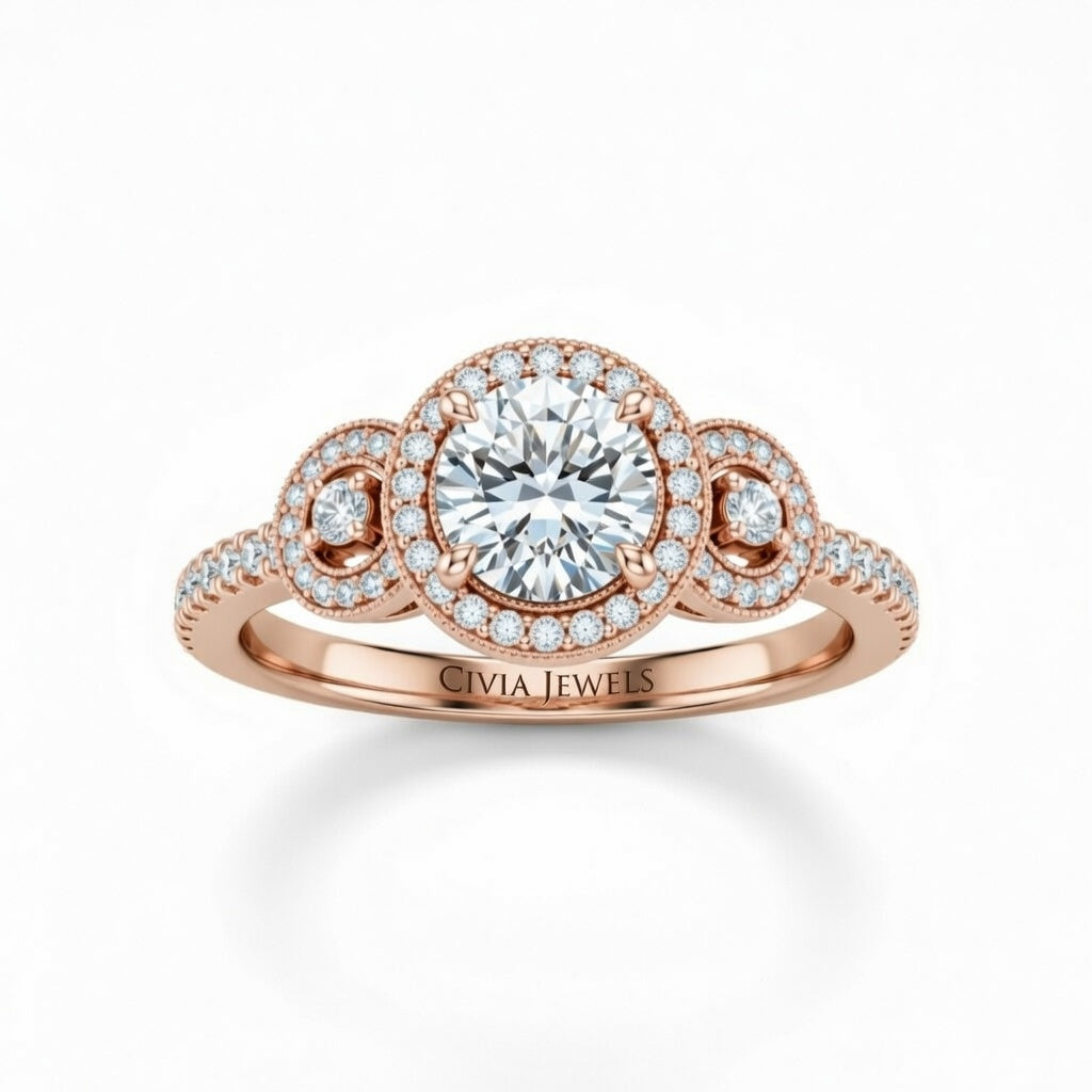 Rose Gold Round Brilliant Three Stone Halo Engagement Ring With Vintage Milgrain Detail