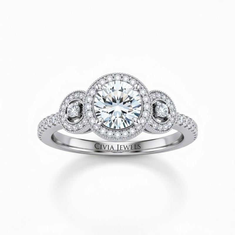Silver Round Brilliant Three Stone Halo Engagement Ring With Vintage Milgrain Detail