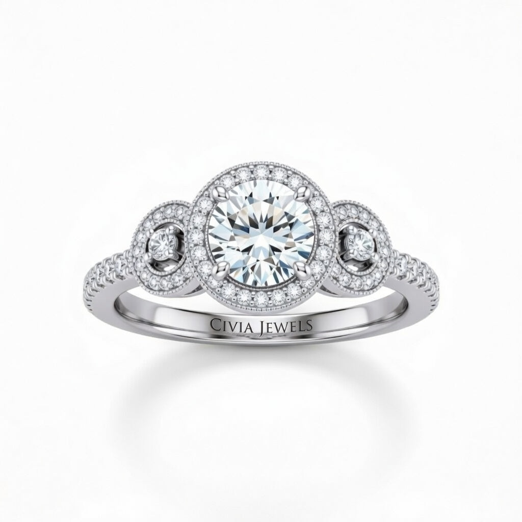 Silver Round Brilliant Three Stone Halo Engagement Ring With Vintage Milgrain Detail