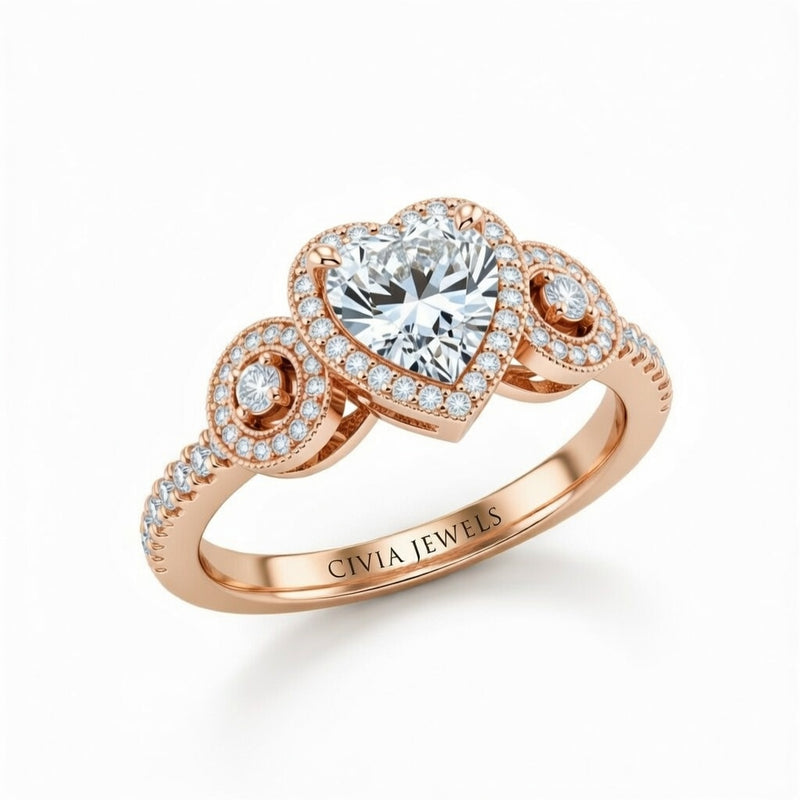 Rose Gold Heart Brilliant Three Stone Halo Engagement Ring With Vintage Milgrain Detail