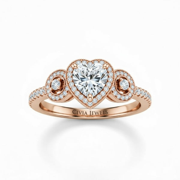Rose Gold Heart Brilliant Three Stone Halo Engagement Ring With Vintage Milgrain Detail