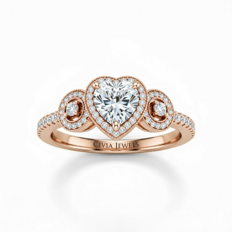 Rose Gold Heart Brilliant Three Stone Halo Engagement Ring With Vintage Milgrain Detail