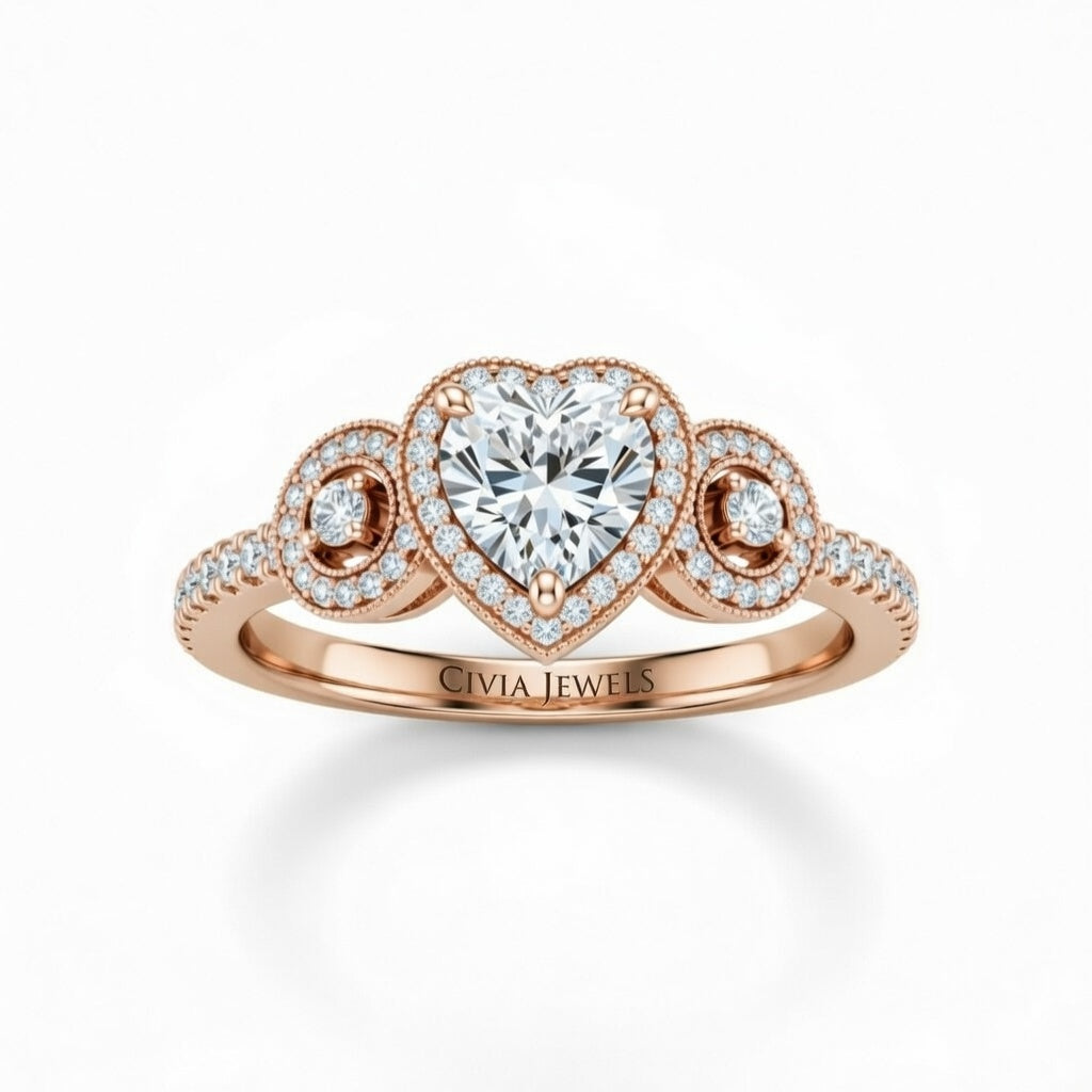 Rose Gold Heart Brilliant Three Stone Halo Engagement Ring With Vintage Milgrain Detail