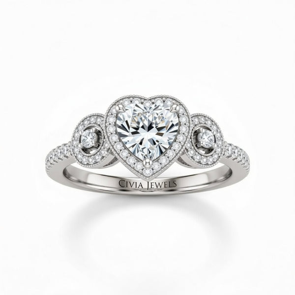 White Gold Heart Brilliant Three Stone Halo Engagement Ring With Vintage Milgrain Detail