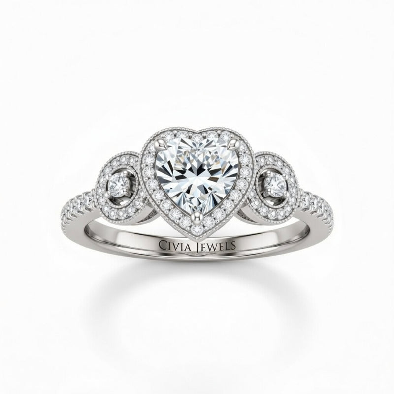 White Gold Heart Brilliant Three Stone Halo Engagement Ring With Vintage Milgrain Detail