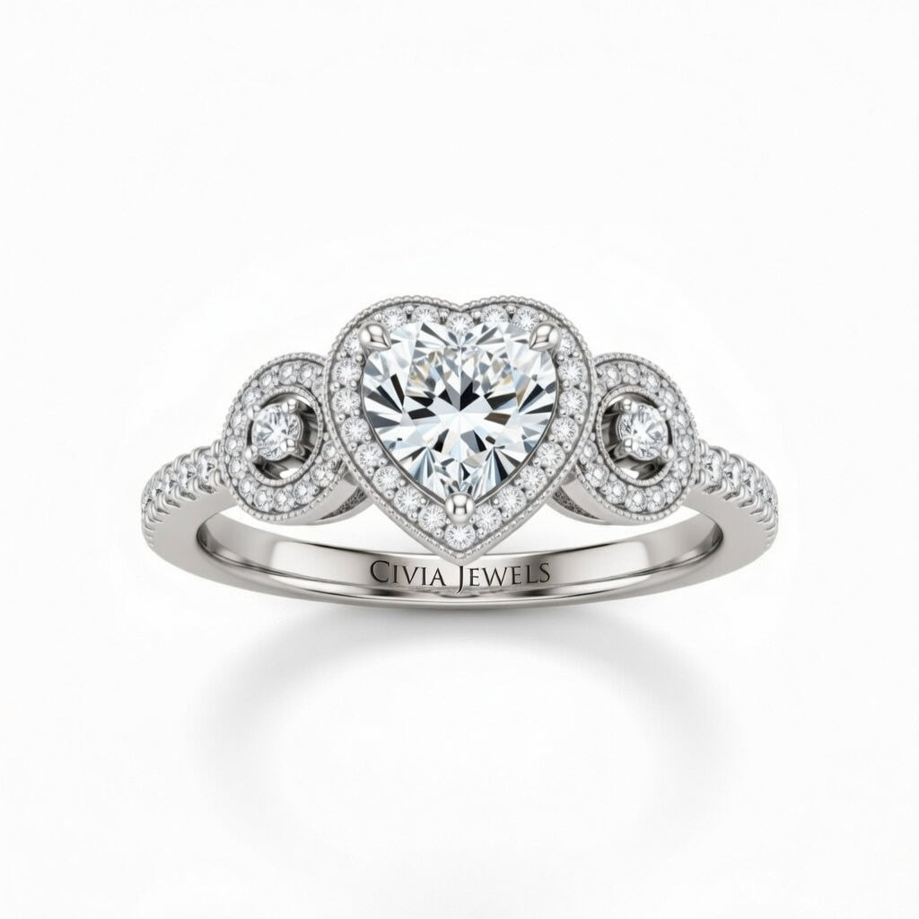 White Gold Heart Brilliant Three Stone Halo Engagement Ring With Vintage Milgrain Detail