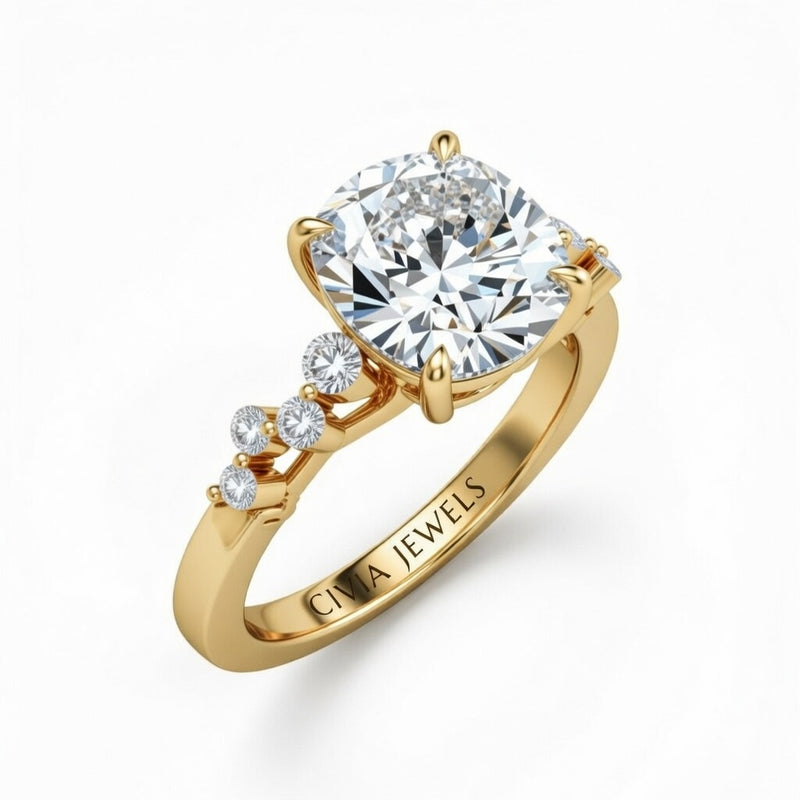 Yellow Gold Cushion Cut Engagement Ring With Diamond Scatter Accent Shoulders And Classic Four-Prong Setting