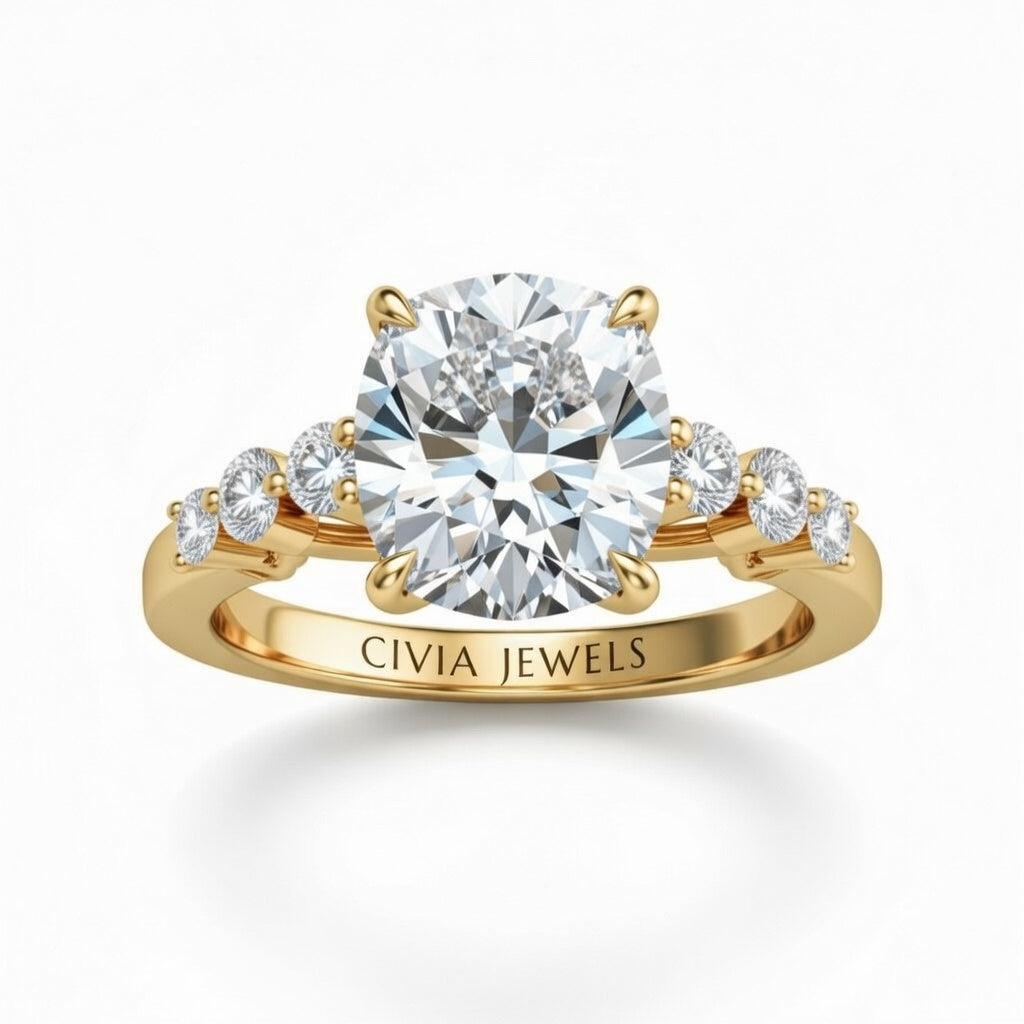 Yellow Gold Cushion Cut Engagement Ring With Diamond Scatter Accent Shoulders And Classic Four-Prong Setting