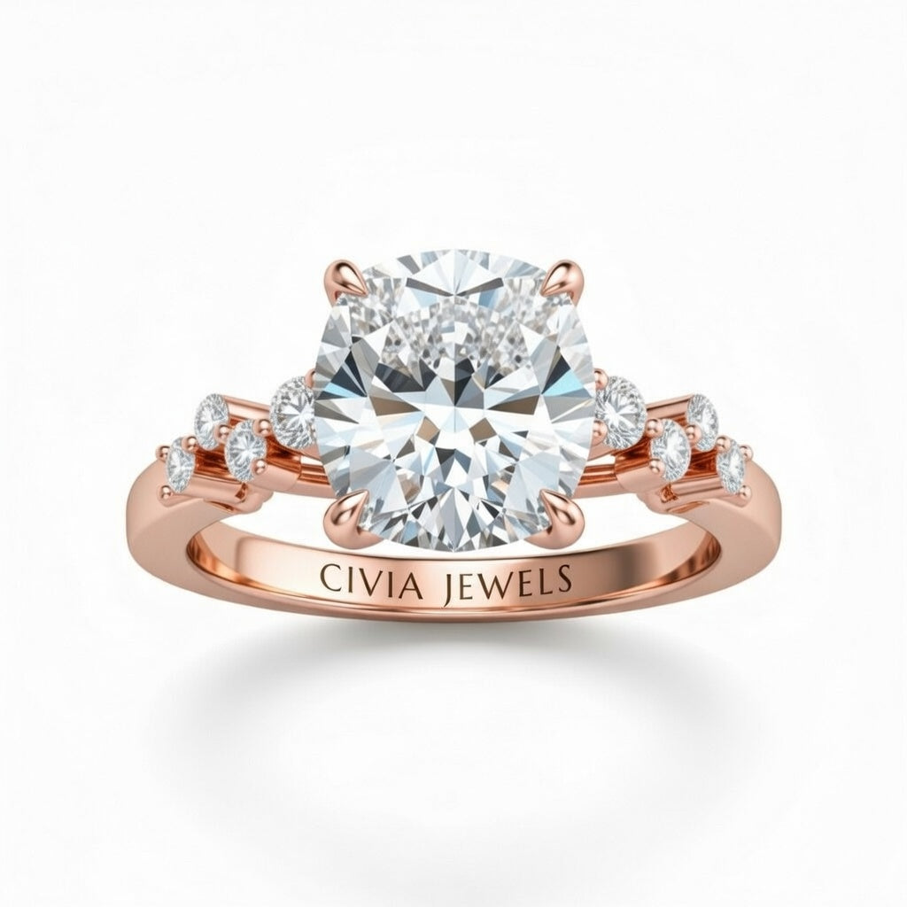 Rose Gold Cushion Cut Engagement Ring With Diamond Scatter Accent Shoulders And Classic Four-Prong Setting