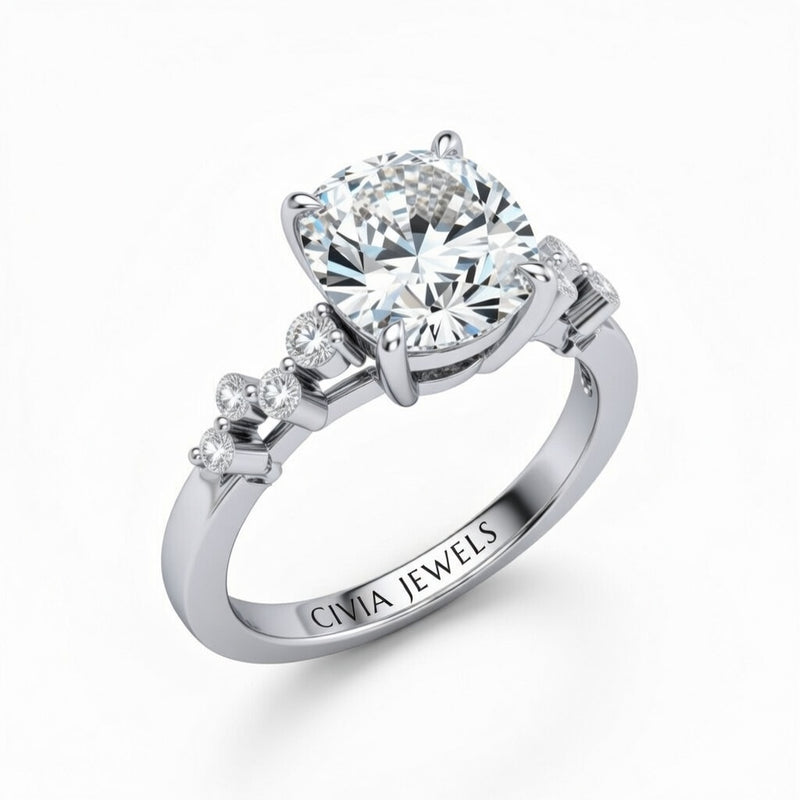 White Gold Cushion Cut Engagement Ring With Diamond Scatter Accent Shoulders And Classic Four-Prong Setting