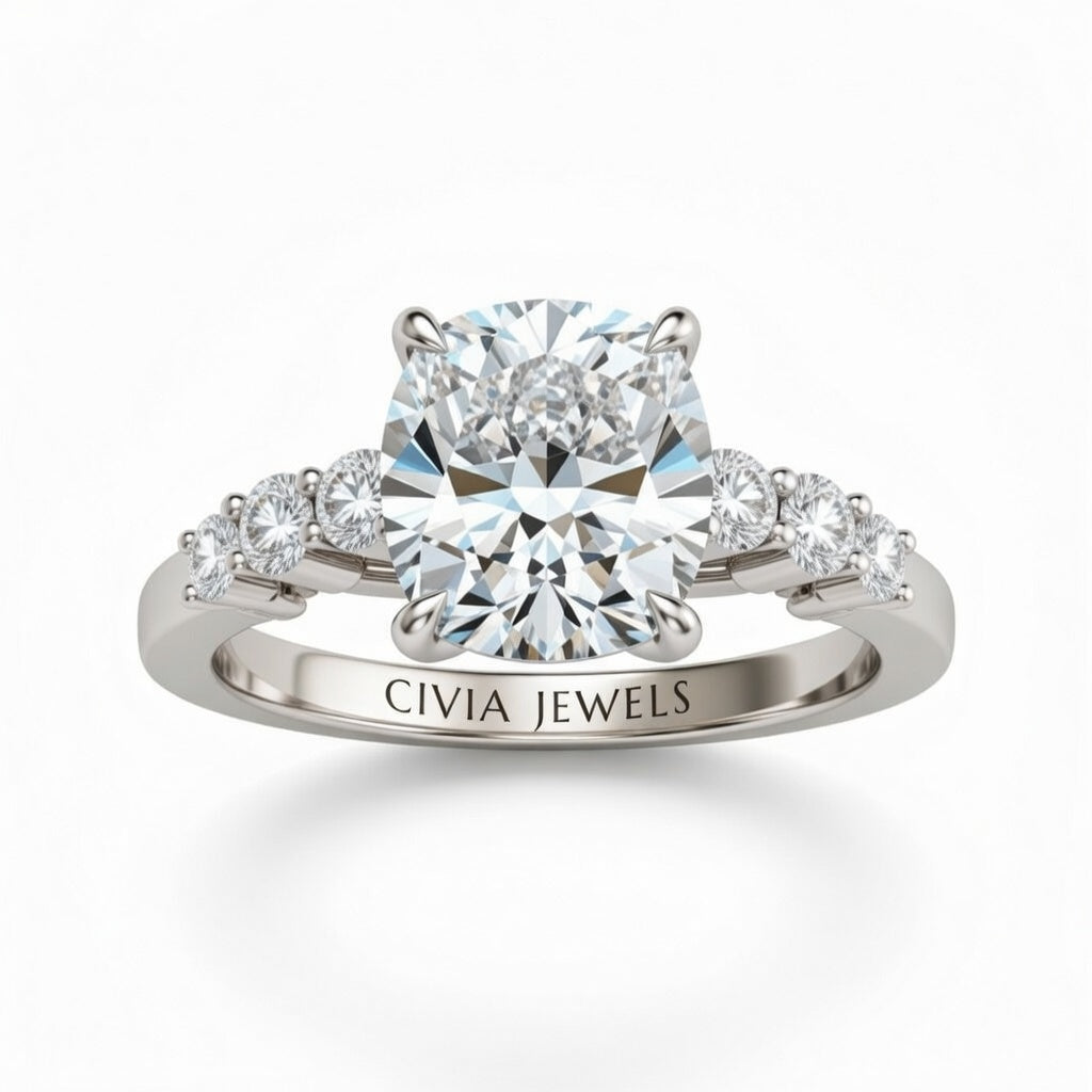 Silver Cushion Cut Engagement Ring With Diamond Scatter Accent Shoulders And Classic Four-Prong Setting