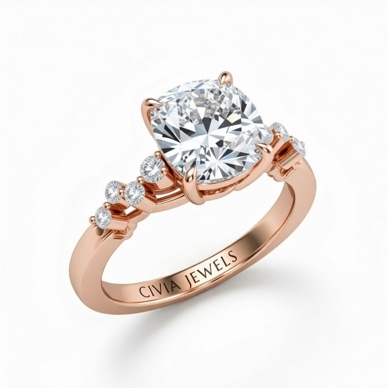 Rose Gold Cushion Cut Engagement Ring With Diamond Scatter Accent Shoulders And Classic Four-Prong Setting